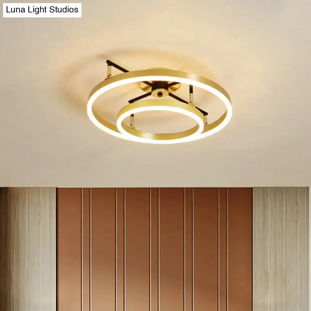 Gold Double Hoop Semi Flush Mount LED Ceiling Light Fixture in Warm/White Light, 19.5/23.5 Inch Wide