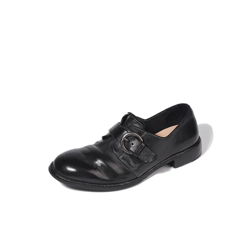 Goodyear Horse Leather Monk Shoes For Women Buckle Loafers Leather Sole in Black/Coffee