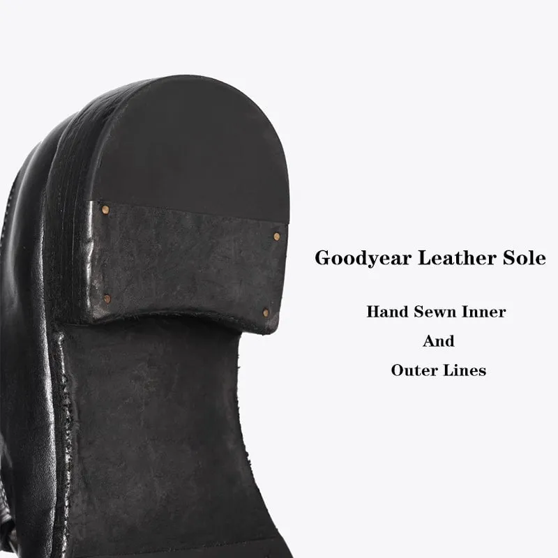 Goodyear Horse Leather Monk Shoes For Women Buckle Loafers Leather Sole in Black/Coffee