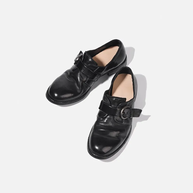 Goodyear Horse Leather Monk Shoes For Women Buckle Loafers Leather Sole in Black/Coffee