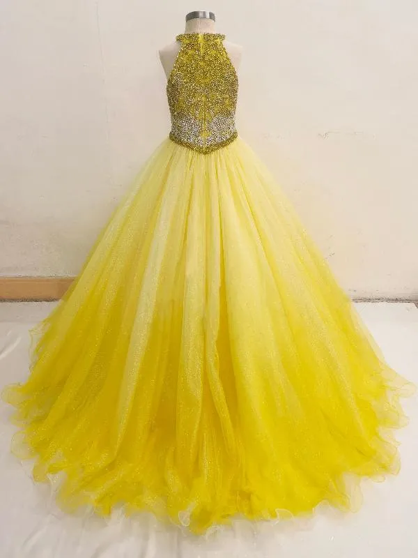 Halter Beaded Bodice Little Girl Long Yellow Pagant Dress