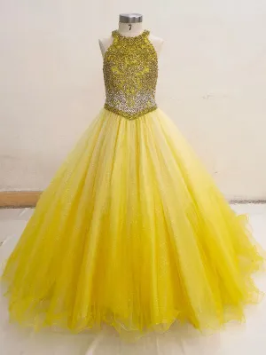 Halter Beaded Bodice Little Girl Long Yellow Pagant Dress