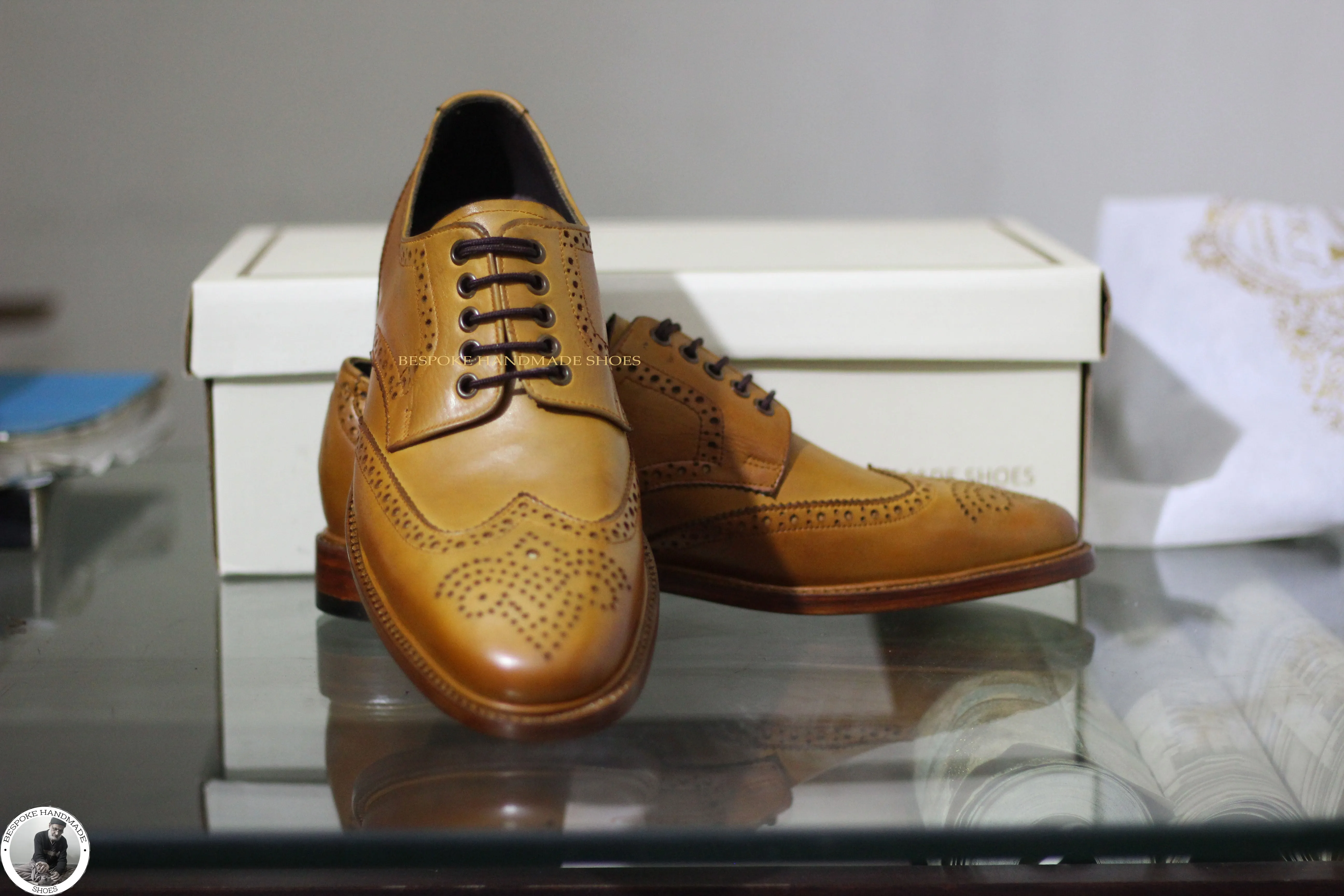 Handmade Men's Tan Leather Wingtip Brogue Oxford Lace Up Shoes For Men's