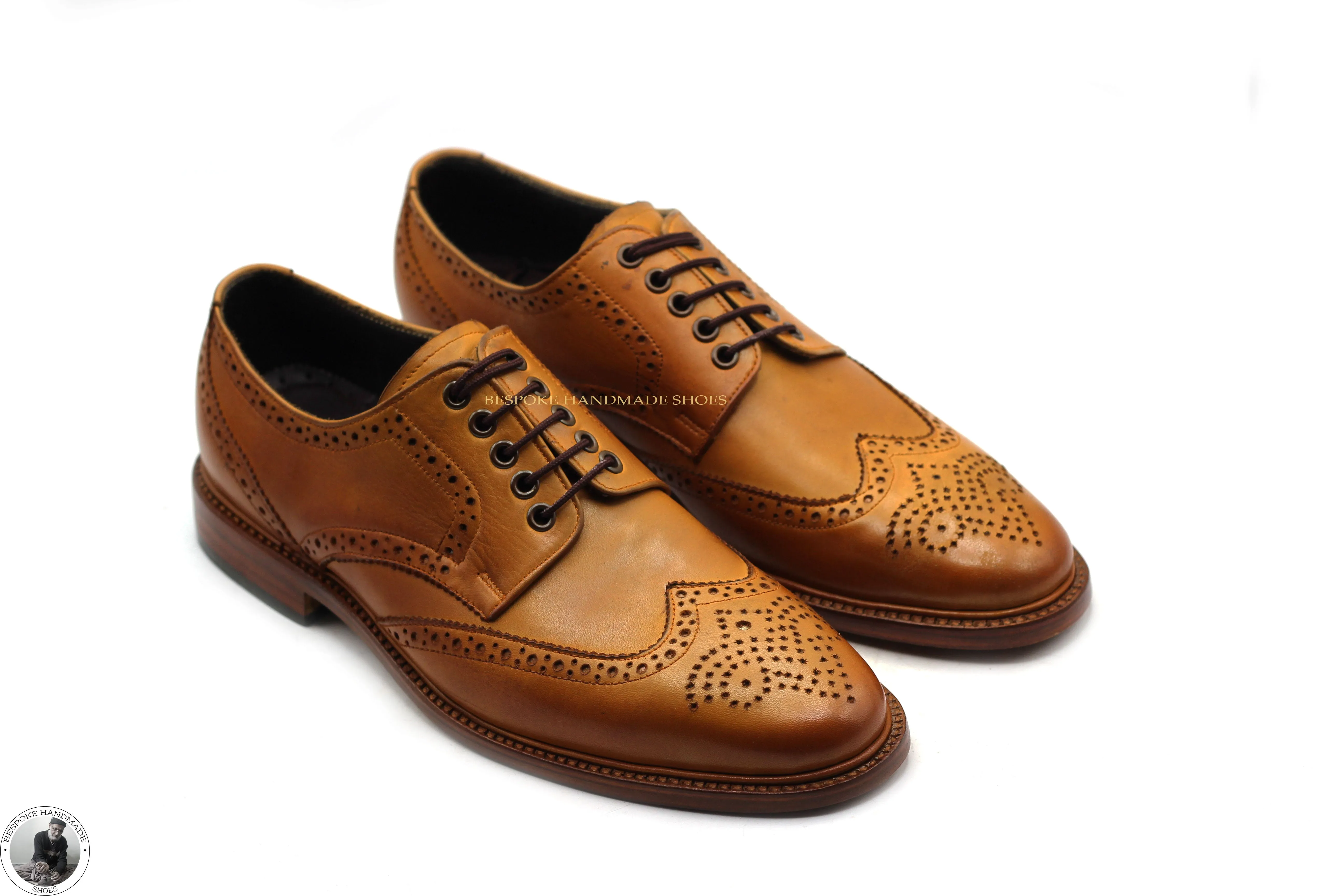 Handmade Men's Tan Leather Wingtip Brogue Oxford Lace Up Shoes For Men's