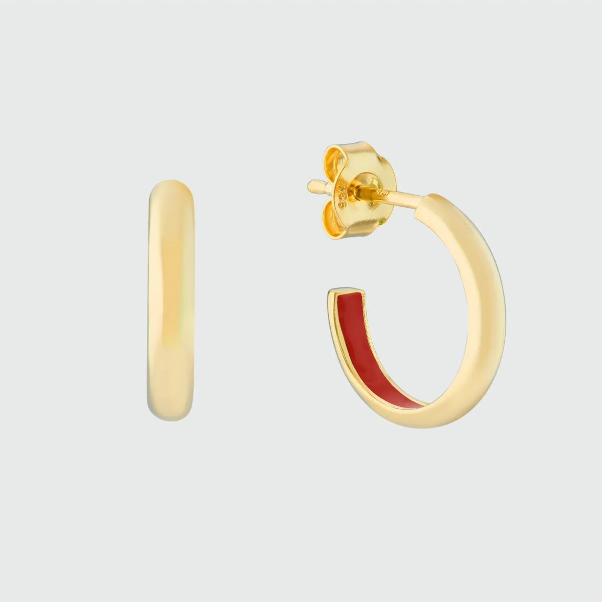 Havana Tomato Red Enamel and Gold Half Hoop Earrings