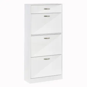 HOMCOM High Gloss Shoe Cabinet with 4 Drawers | Adjustable Shelves | Flip Doors for 18 Pairs - White