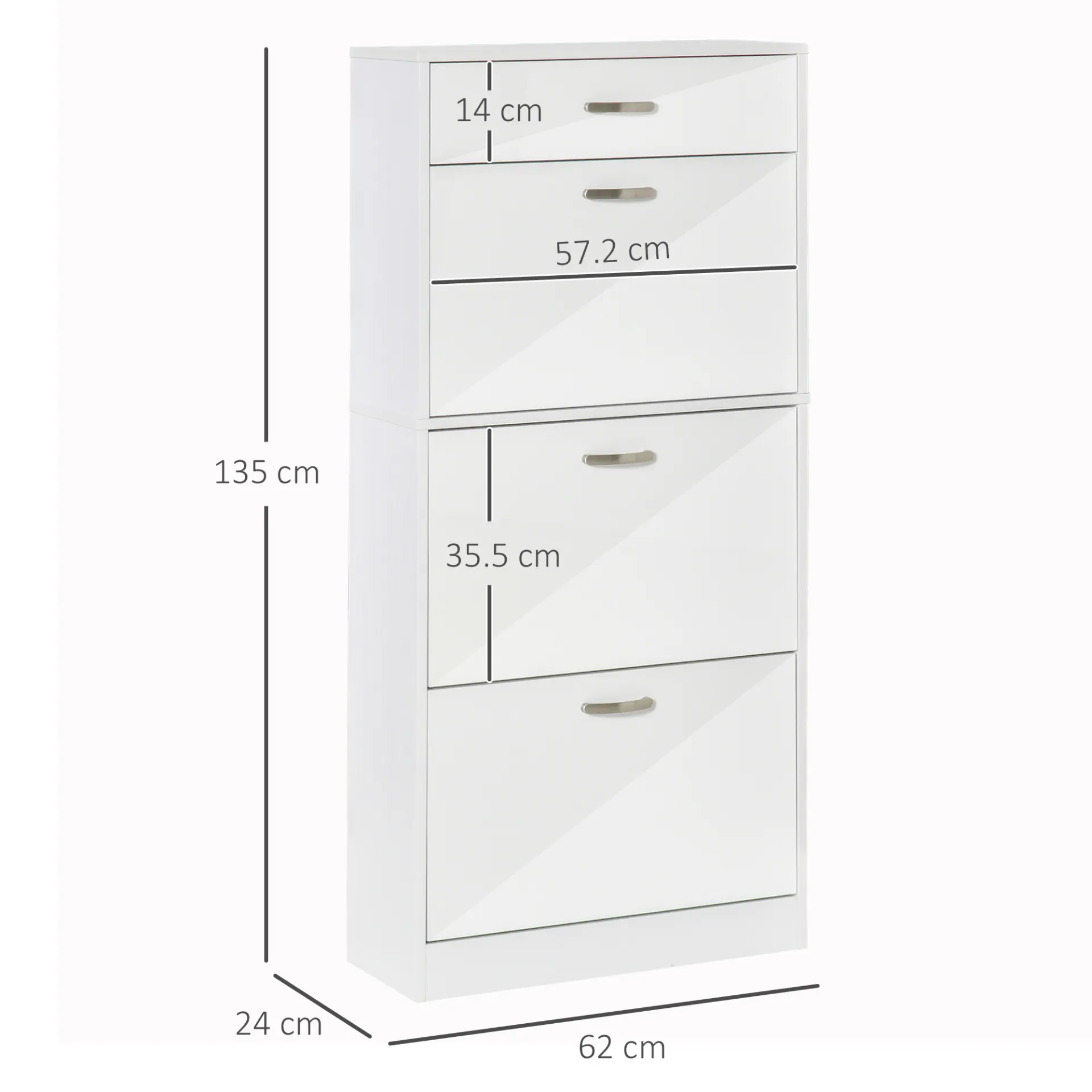 HOMCOM High Gloss Shoe Cabinet with 4 Drawers | Adjustable Shelves | Flip Doors for 18 Pairs - White