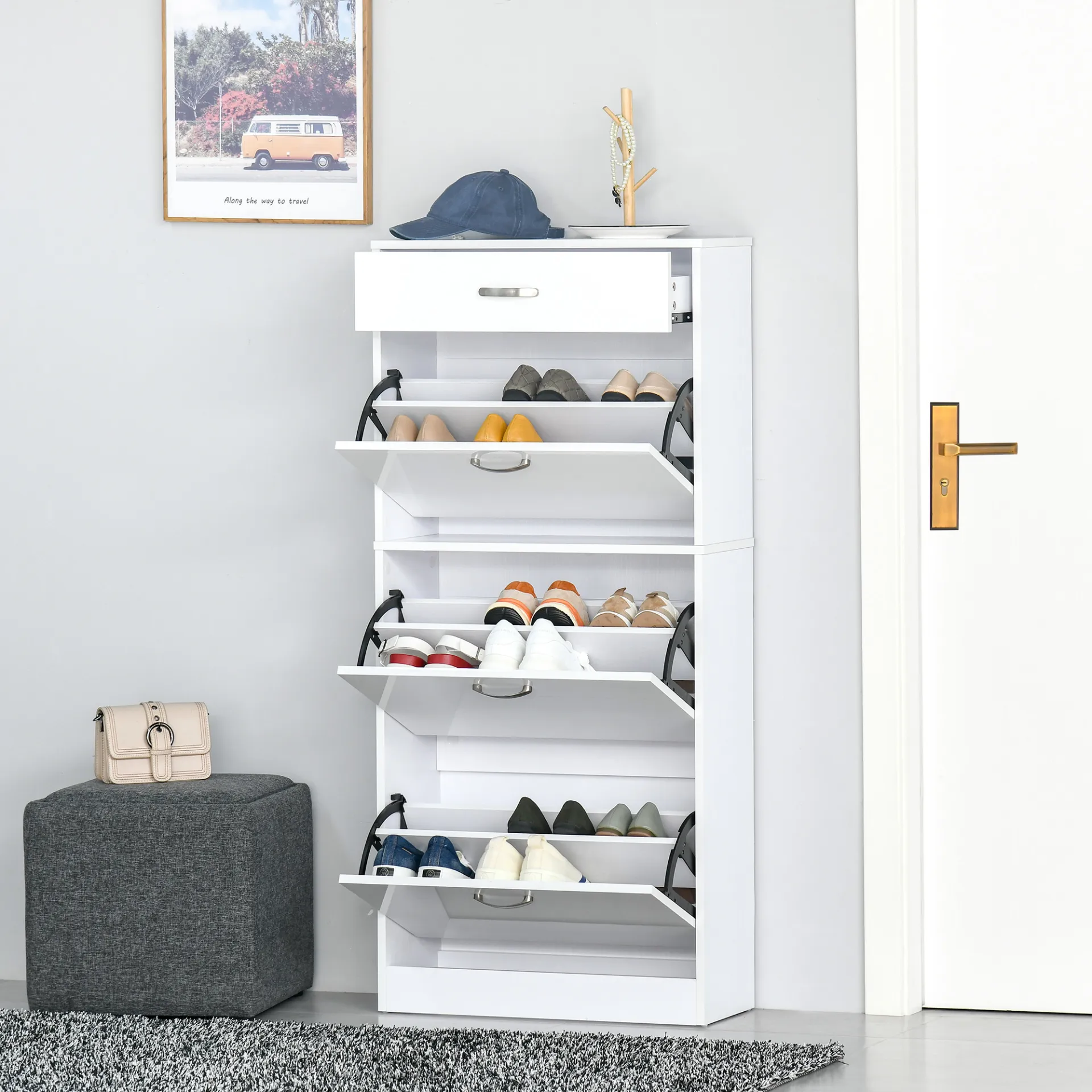 HOMCOM High Gloss Shoe Cabinet with 4 Drawers | Adjustable Shelves | Flip Doors for 18 Pairs - White