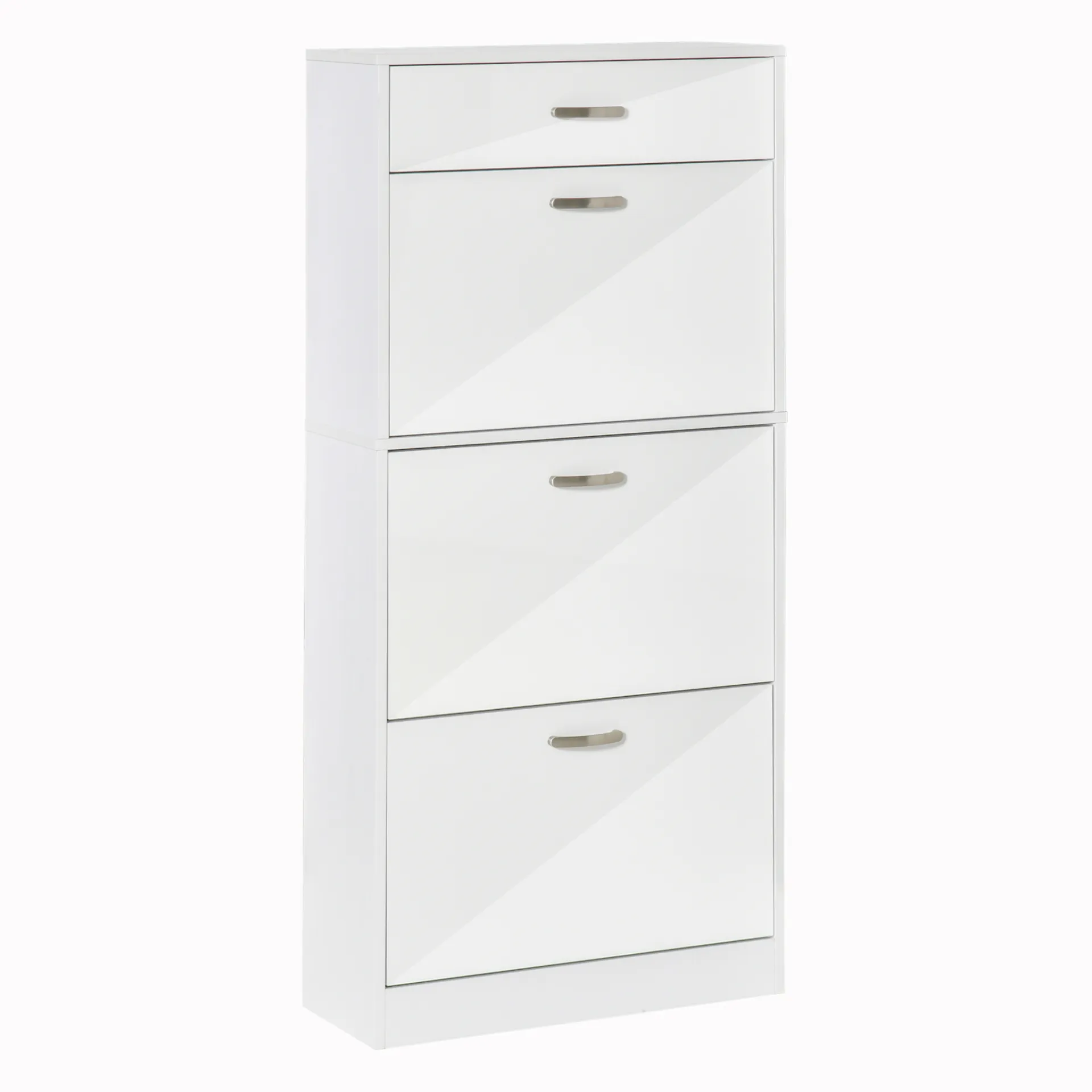 HOMCOM High Gloss Shoe Cabinet with 4 Drawers | Adjustable Shelves | Flip Doors for 18 Pairs - White