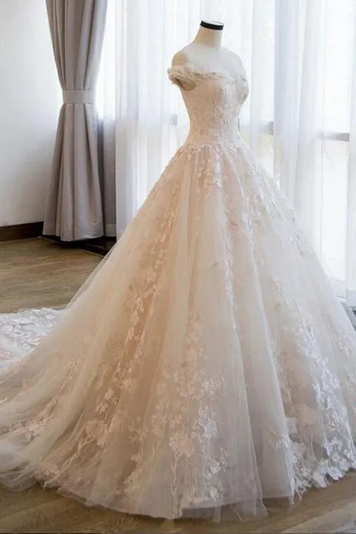 Ivory Ball Gown Off The Shoulder Lace Appliqued Wedding Dress Bridal Dress N2586