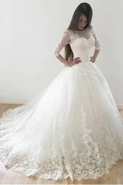 Ivory Puffy Half Sleeves Long Wedding Dress Vintage Tulle Bateau Appliques Bridal Dress N1384