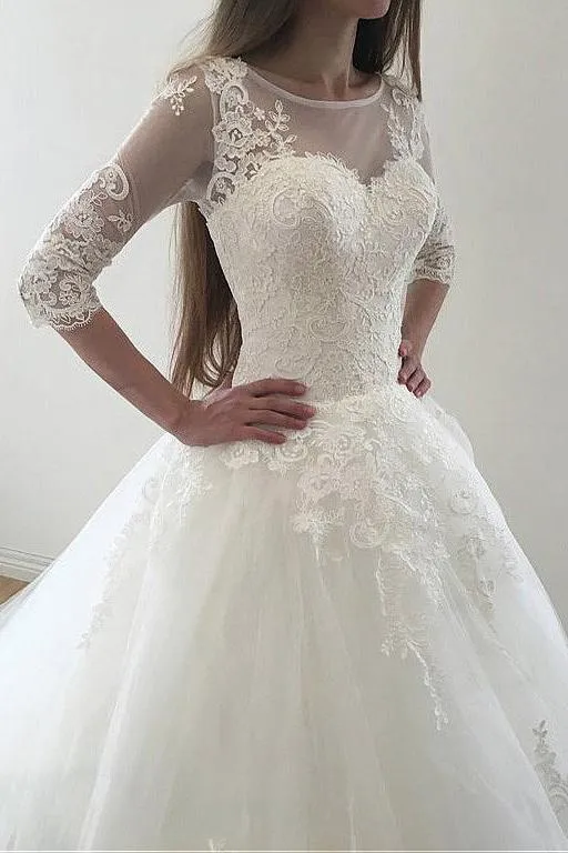 Ivory Puffy Half Sleeves Long Wedding Dress Vintage Tulle Bateau Appliques Bridal Dress N1384