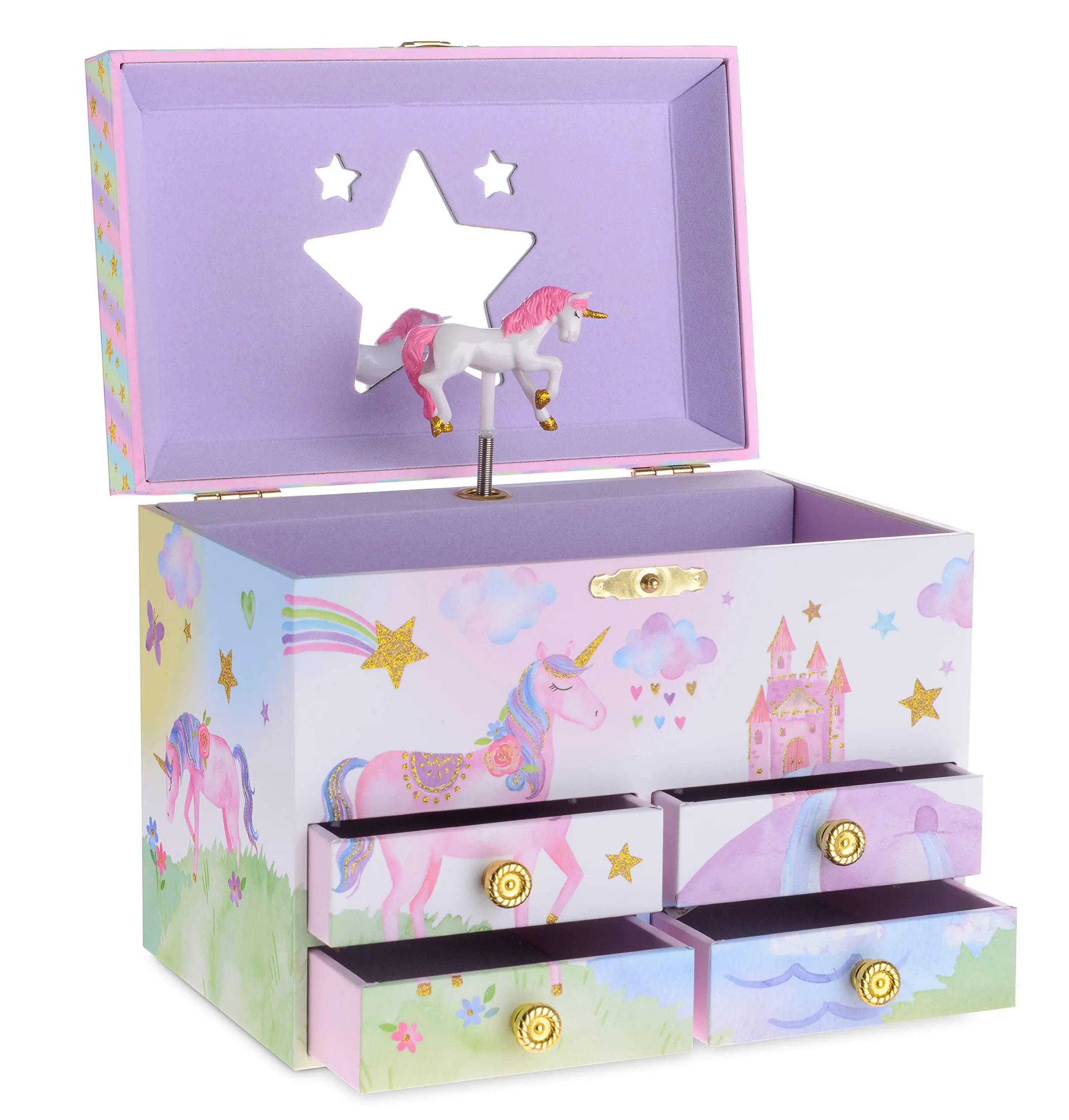 Jewelkeeper Party Unicorn Large Musical Jewelry Storage Box with 4 Pull-out Drawers, Girl