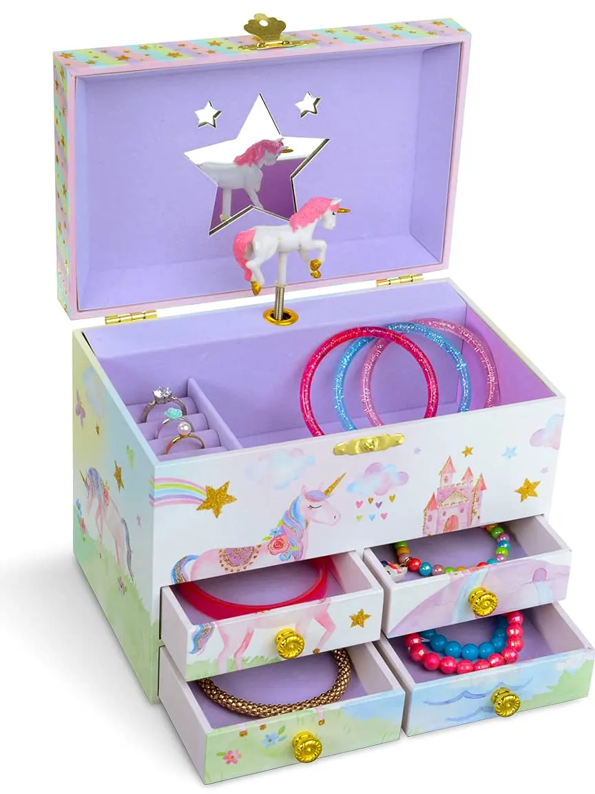 Jewelkeeper Party Unicorn Large Musical Jewelry Storage Box with 4 Pull-out Drawers, Girl