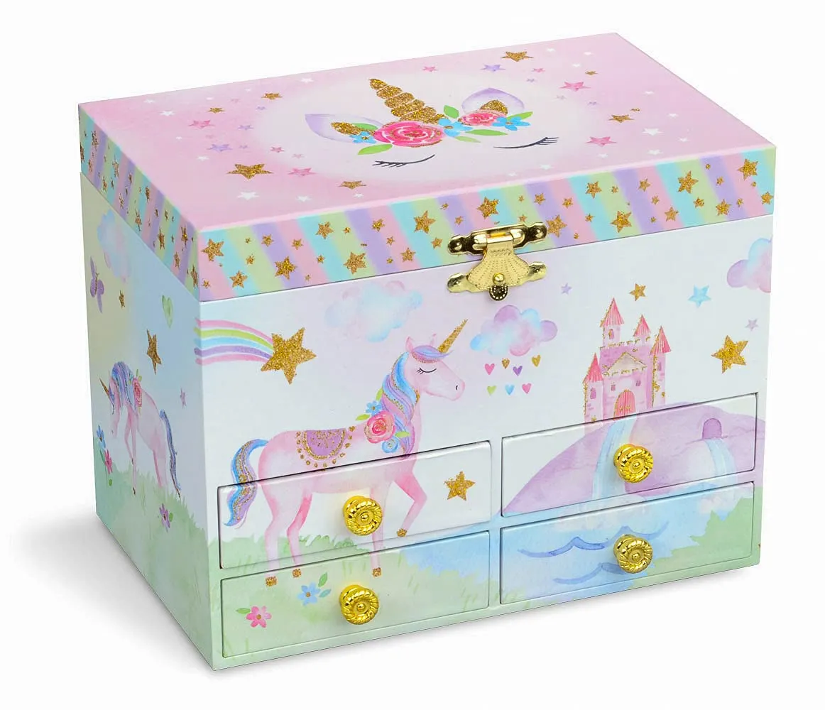 Jewelkeeper Party Unicorn Large Musical Jewelry Storage Box with 4 Pull-out Drawers, Girl