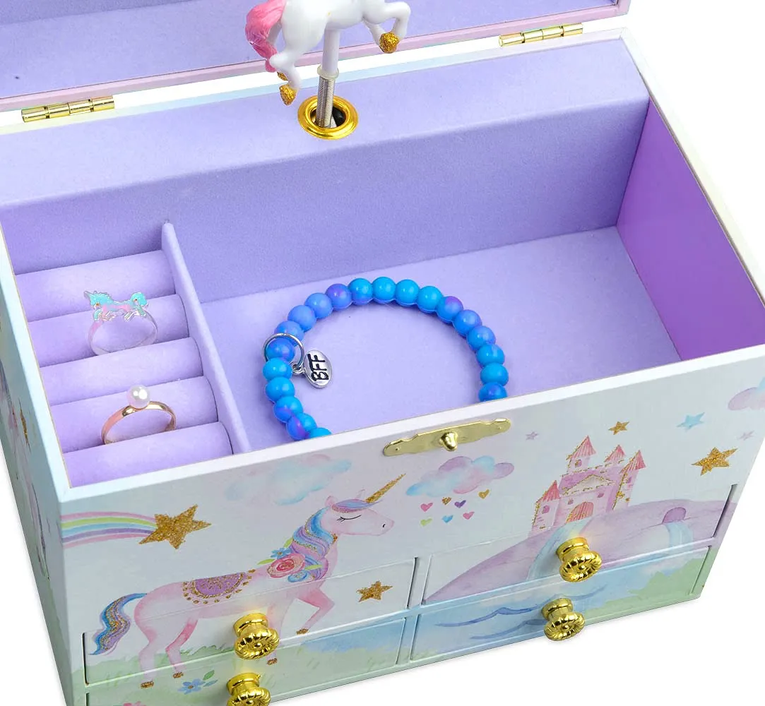 Jewelkeeper Party Unicorn Large Musical Jewelry Storage Box with 4 Pull-out Drawers, Girl