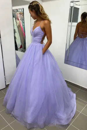 Lavender Tulle Long A-Line Prom Dress,Back Open Dance Dresses with Pockets