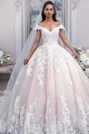 Light Pink Off the Shoulder Ball Gown Tulle Wedding Dress With Appliques N2378