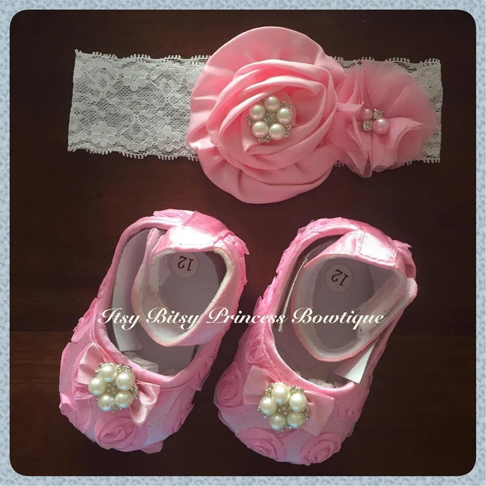 Light Pink rose shoes and headband set