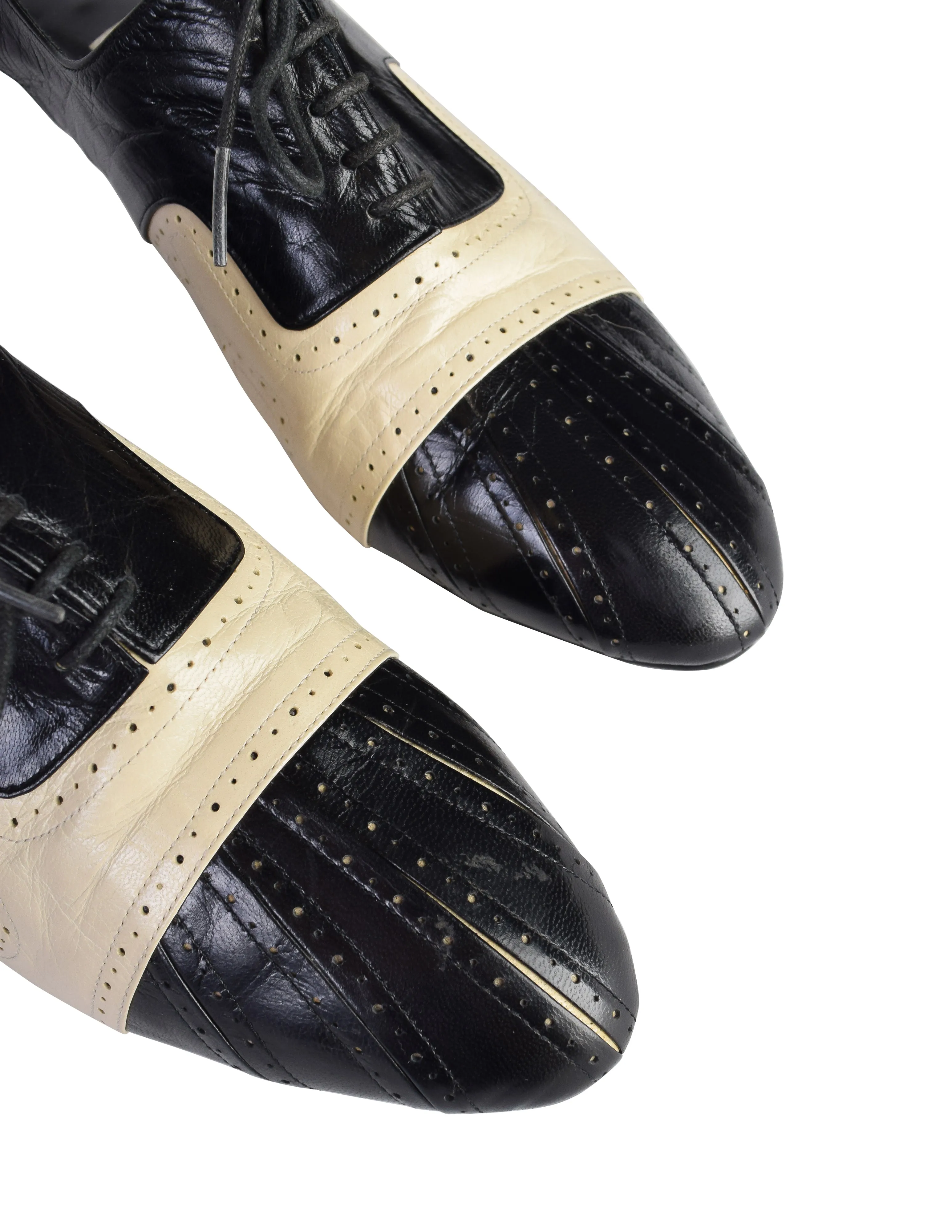 Mitsuhiro Matsuda Vintage Black and Cream Two Tone Leather Brogue Slingback Heels