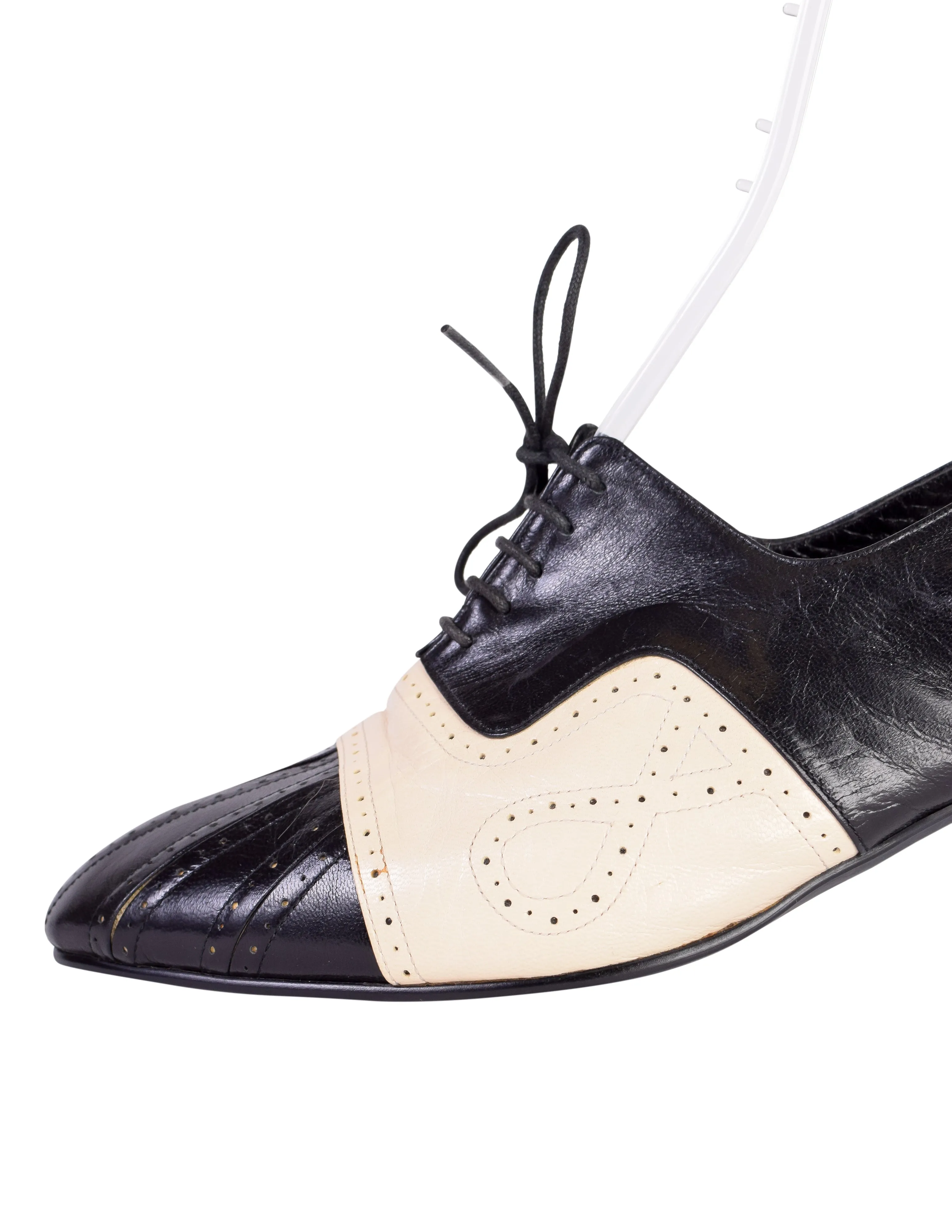 Mitsuhiro Matsuda Vintage Black and Cream Two Tone Leather Brogue Slingback Heels