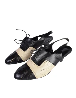 Mitsuhiro Matsuda Vintage Black and Cream Two Tone Leather Brogue Slingback Heels