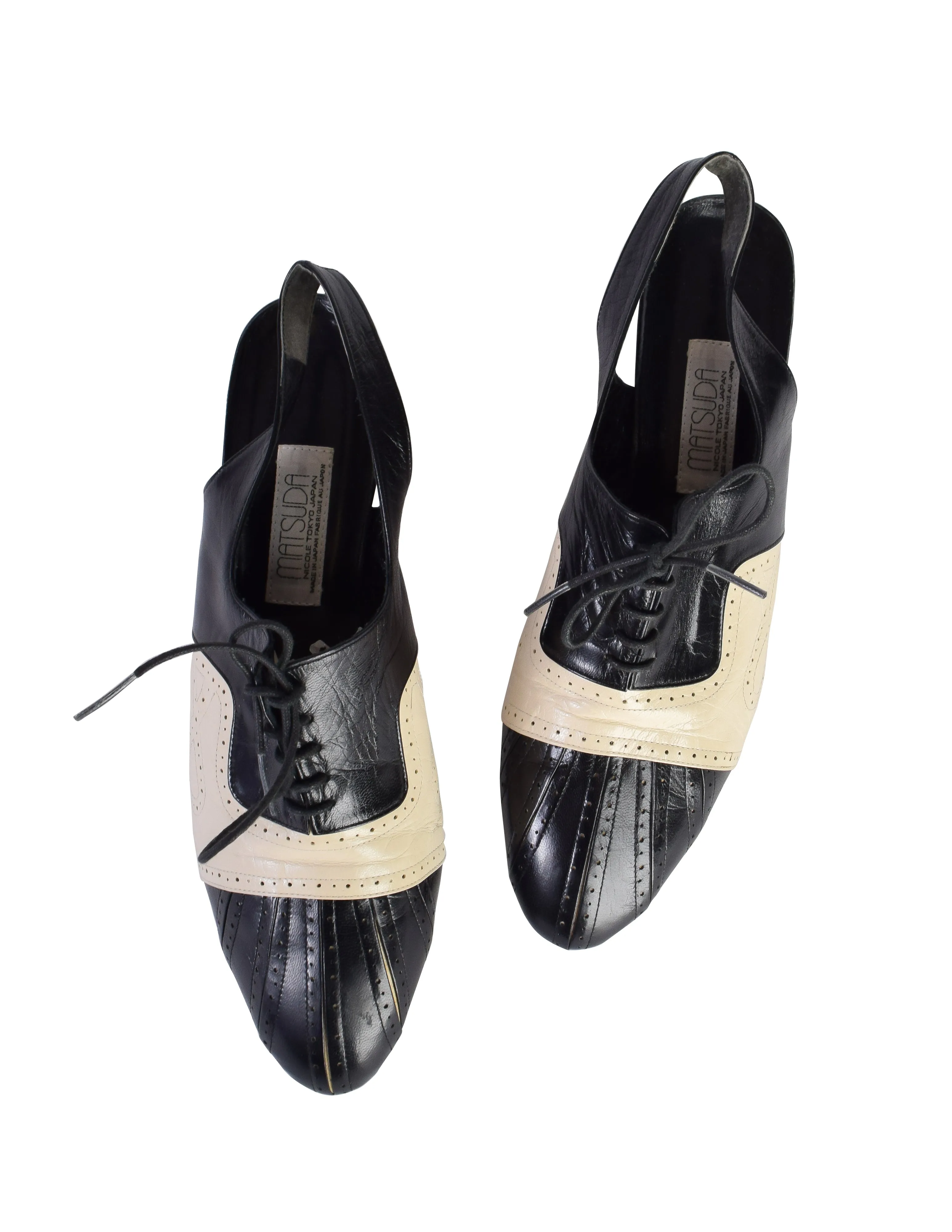 Mitsuhiro Matsuda Vintage Black and Cream Two Tone Leather Brogue Slingback Heels