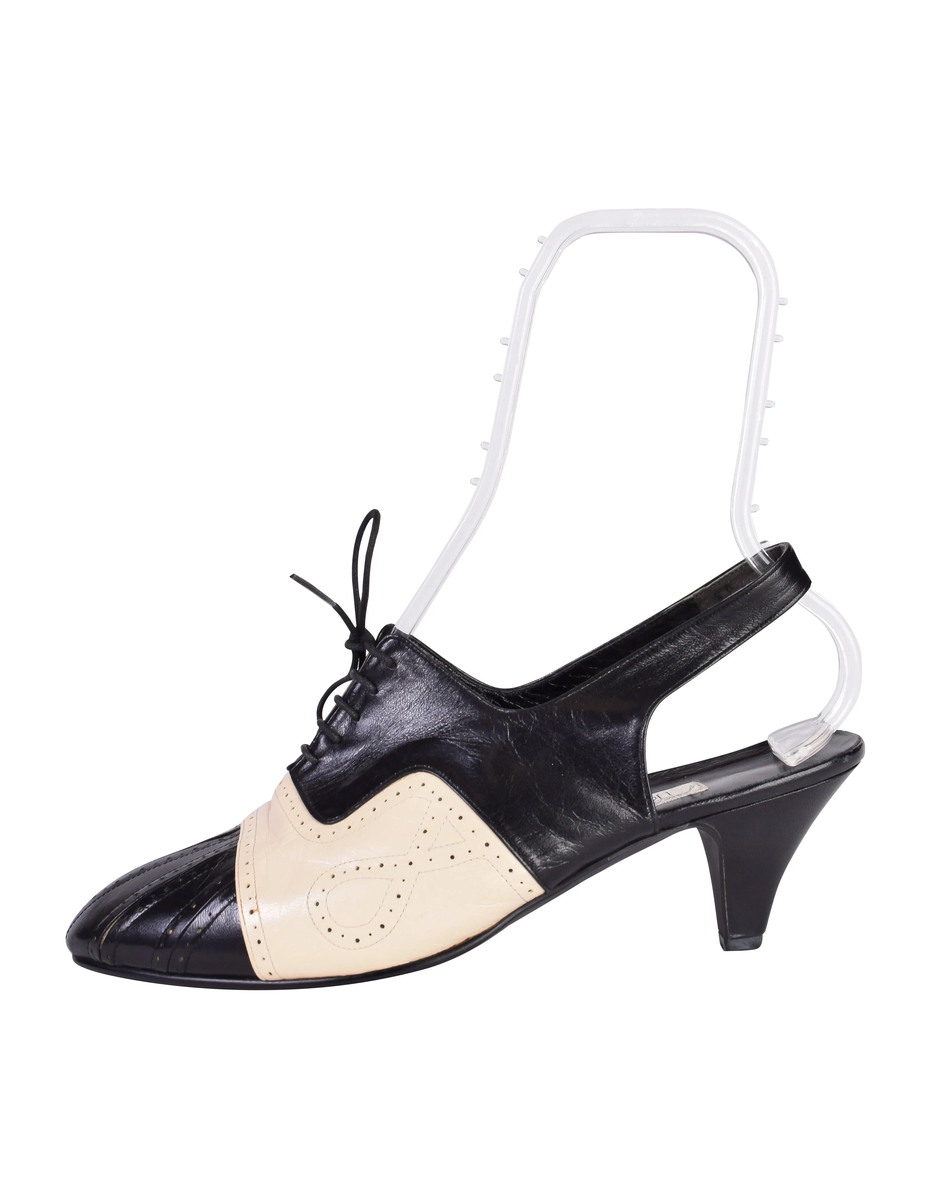 Mitsuhiro Matsuda Vintage Black and Cream Two Tone Leather Brogue Slingback Heels