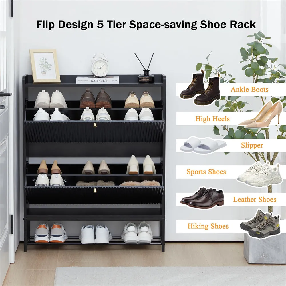 Modern Fluted Shoe Cabinet Entryway Shoe Rack with 2 Flip Drawers and Metal Legs