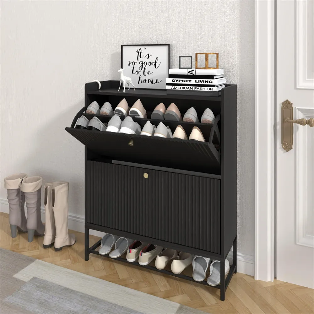 Modern Fluted Shoe Cabinet Entryway Shoe Rack with 2 Flip Drawers and Metal Legs