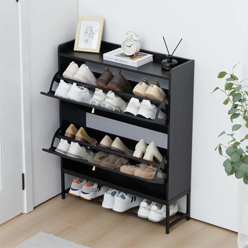 Modern Fluted Shoe Cabinet Entryway Shoe Rack with 2 Flip Drawers and Metal Legs