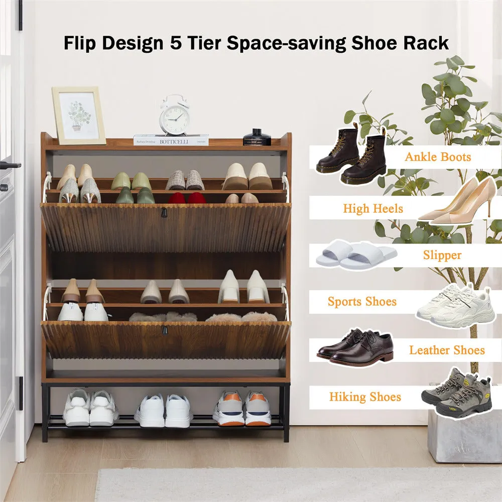 Modern Fluted Shoe Cabinet Entryway Shoe Rack with 2 Flip Drawers and Metal Legs