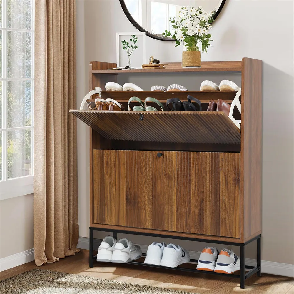 Modern Fluted Shoe Cabinet Entryway Shoe Rack with 2 Flip Drawers and Metal Legs