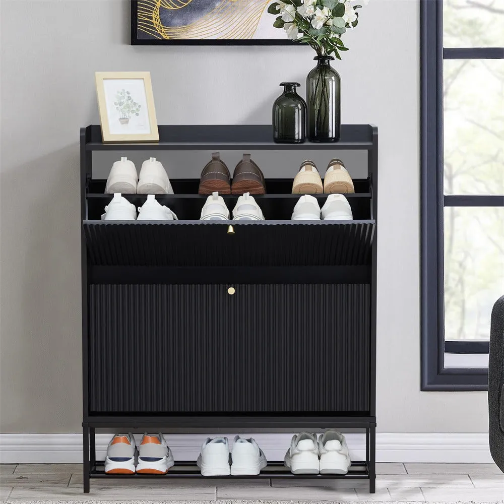 Modern Fluted Shoe Cabinet Entryway Shoe Rack with 2 Flip Drawers and Metal Legs