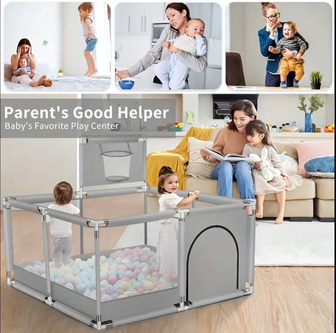 Multifunctional Baby Play Pen with Basketball Hoop