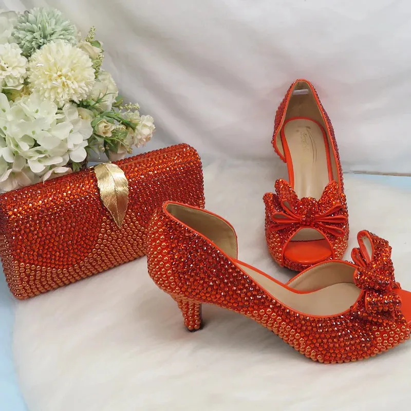 On Fire Orange Crystal Peep Toe Shoes with Matching Clutch Bag