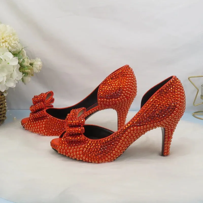 On Fire Orange Crystal Peep Toe Shoes with Matching Clutch Bag