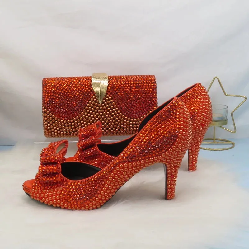 On Fire Orange Crystal Peep Toe Shoes with Matching Clutch Bag