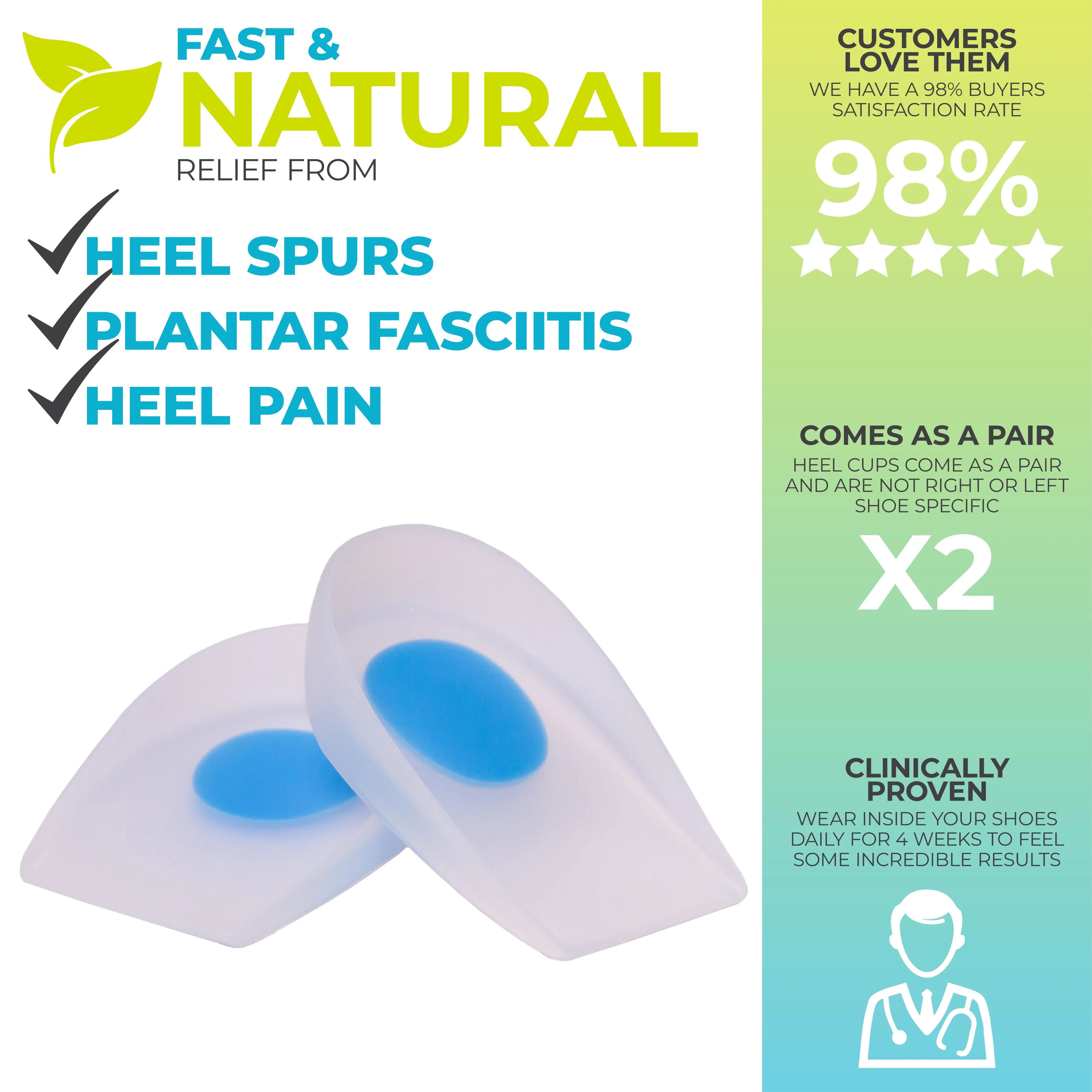 Plantar & Achilles Heel Spur Shoe Inserts - Silicone Pain Relief Gel Cup Cushions (Pair)