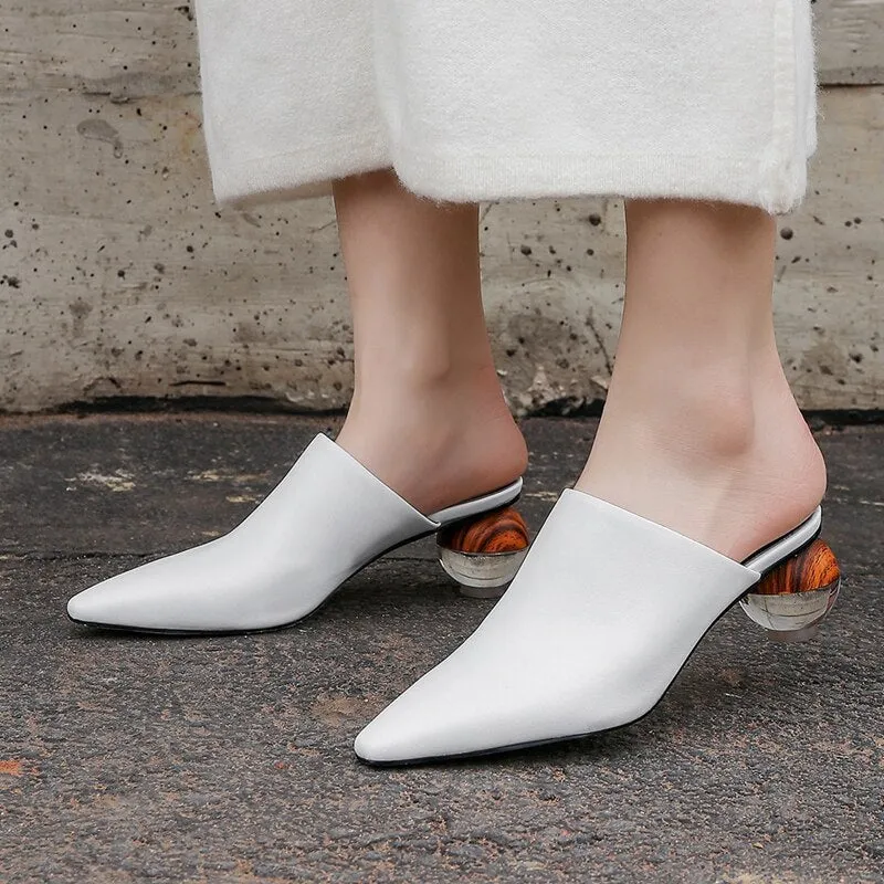 Pointed Toe Translucent Spherical Heel Mules