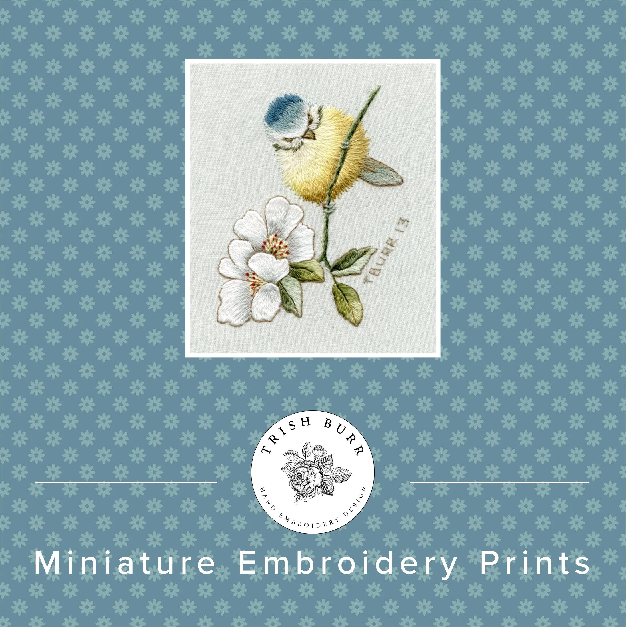 PRINTED PATTERN Blue tit and wild roses in miniature