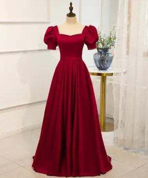 Red Short Sleeve Prom Dress,A-line Satin Birthday Dresses