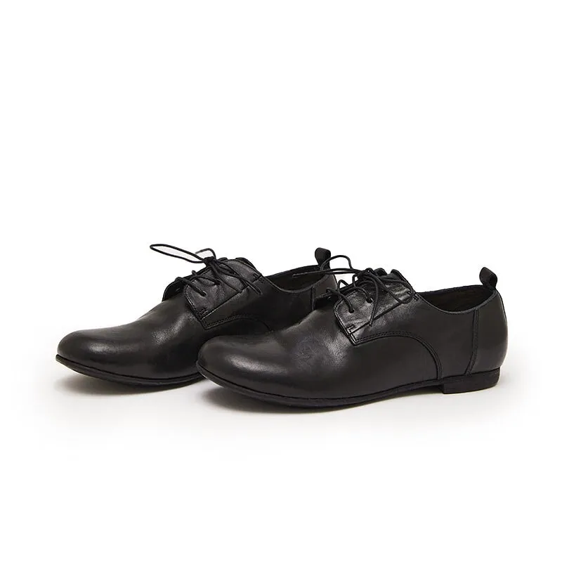 Round Toe Derby Shoes For Women Horse Leather Lace Up Oxfords in Black/Coffee