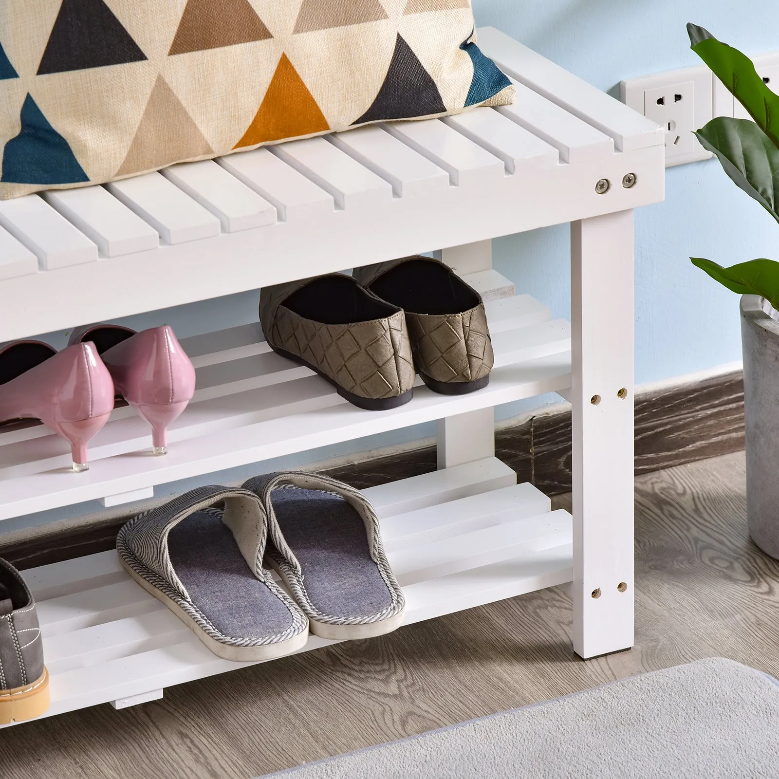 Shoe Bench, 3-Tier Wooden Shoe Rack with Hidden Storage Compartment, Slatted Shelves, Home Storage Unit