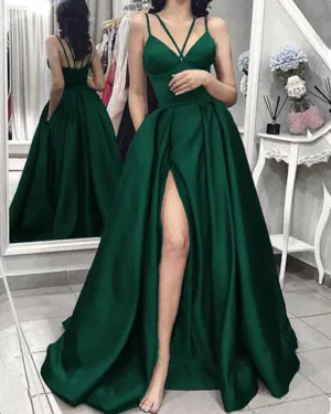 Spaghetti Straps V-neck Long Satin Split Prom Dresses,Formal Dress