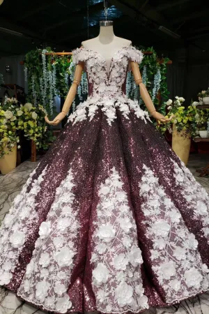 Sparkly Off the Shoulder Long Prom Dress with Flowers, Ball Gown Quinceanera Dresses UQ2494