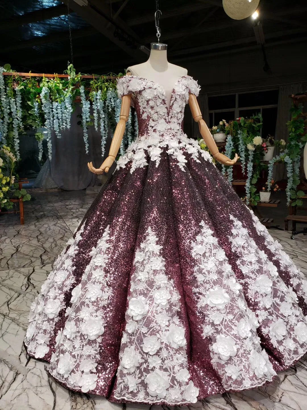 Sparkly Off the Shoulder Long Prom Dress with Flowers, Ball Gown Quinceanera Dresses UQ2494