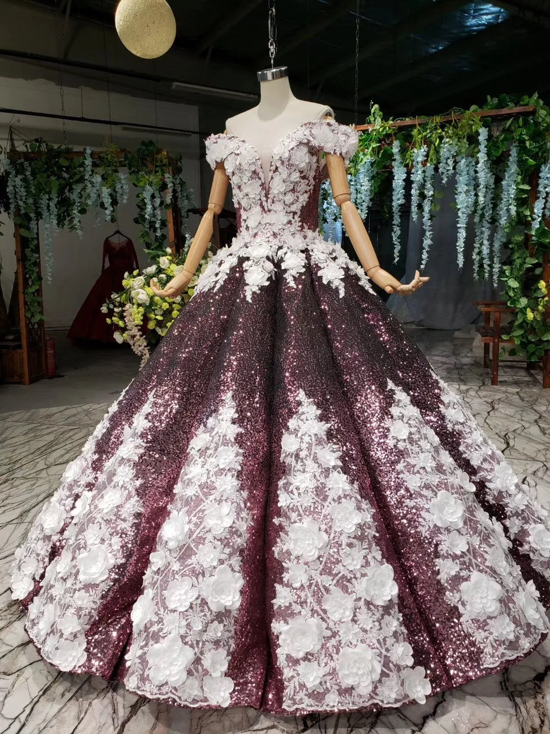 Sparkly Off the Shoulder Long Prom Dress with Flowers, Ball Gown Quinceanera Dresses UQ2494