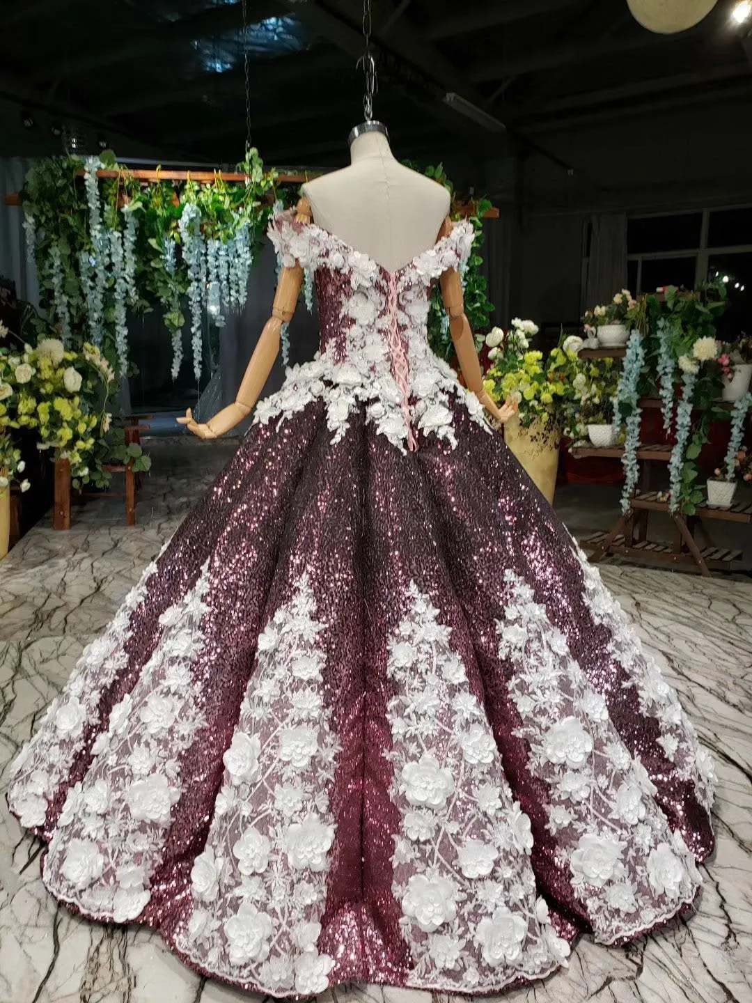 Sparkly Off the Shoulder Long Prom Dress with Flowers, Ball Gown Quinceanera Dresses UQ2494