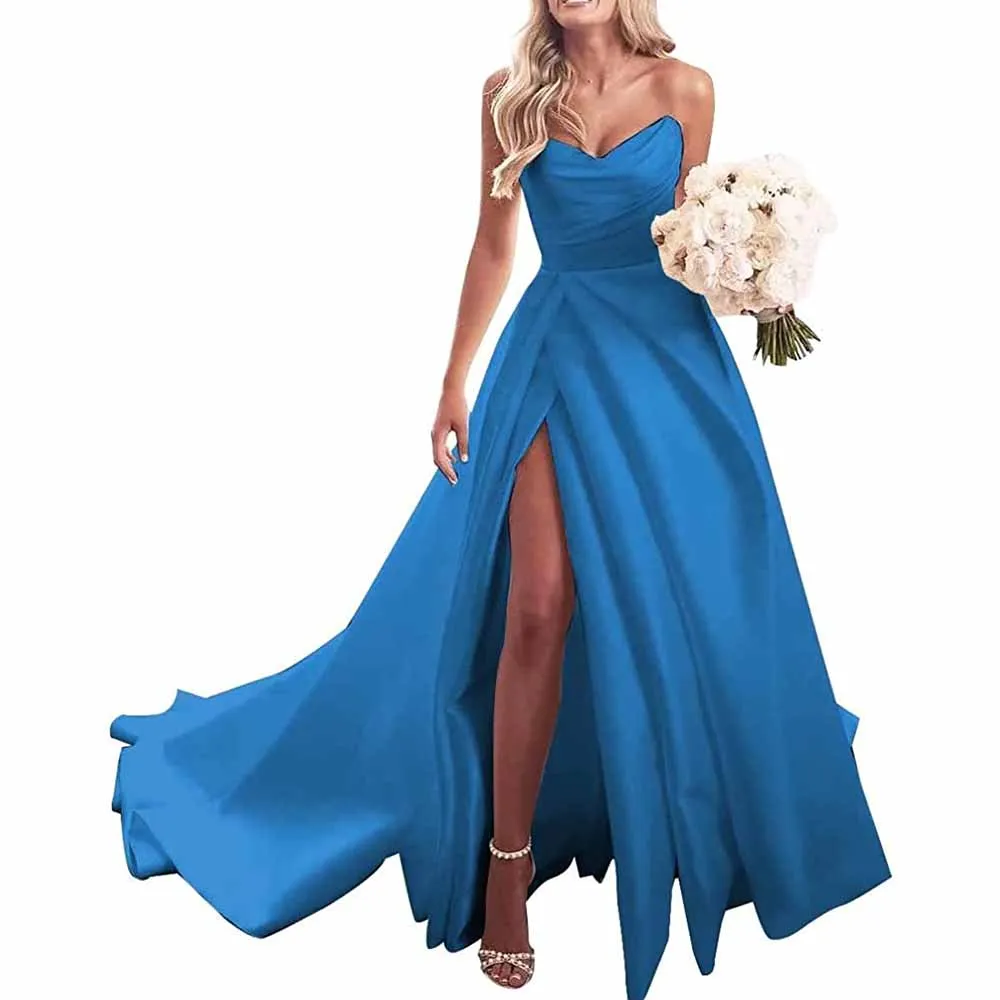 Strapless Prom Dress Ball Gown Wedding Dress Plus Size Satin A Line Formal Evening Gowns